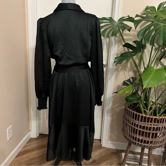 NWT Rachel Parcell Black Satin Wrap Ruffle Dress - Picture 9 of 13